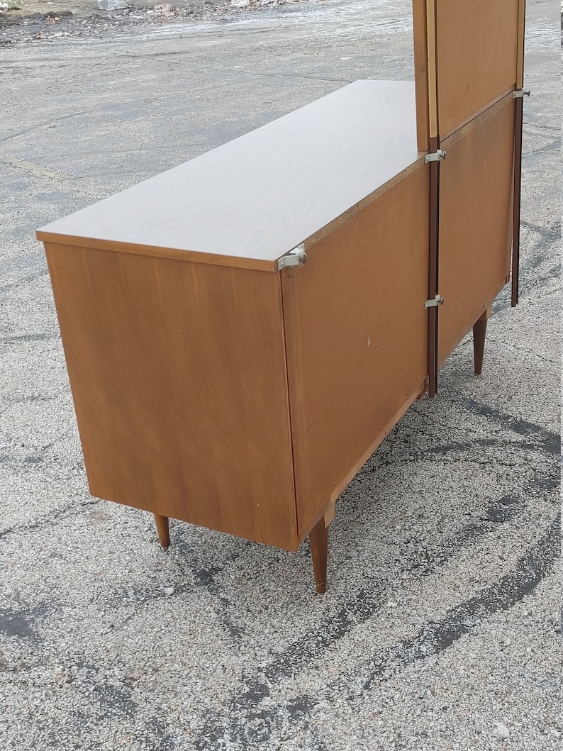 Vintage Danish Modern Double Dresser w/Offset Mirror ~ Burlwood Vertical Pulls ~ Tapered Legs ~ 6 DrawerCredenza ~ MCM image 9