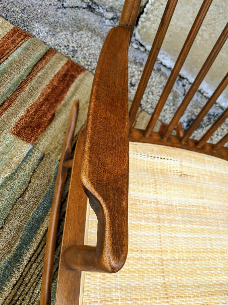 Danish Modern Wooden Rocking Chair Tapered Spindles Caned Etsy