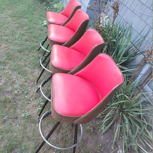 Set of 4 Vintage Barstools ~ Swivel Bar Stools w/Tapered Metal Legs ~ Cherry Red Seats ~ Faux Bent Plywood Backrests ~ Rumpus Room