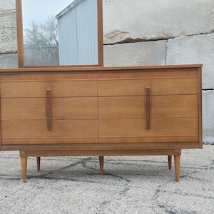Vintage Danish Modern Double Dresser w/Offset Mirror ~ Burlwood Vertical Pulls ~ Tapered Legs ~ 6 DrawerCredenza ~ MCM image 7