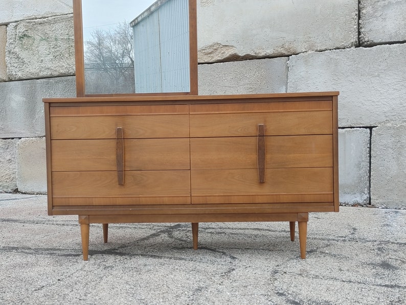 Vintage Danish Modern Double Dresser w/Offset Mirror ~ Burlwood Vertical Pulls ~ Tapered Legs ~ 6 DrawerCredenza ~ MCM image 7