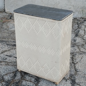 Vintage Harvey Hamper ~ Wicker/Wood ~ White/Beige w/Gray Black Marbleized Lid ~ Chippy Painted Laundry Bin ~ Cottage ~ Farmhouse ~ 1950&#39;s