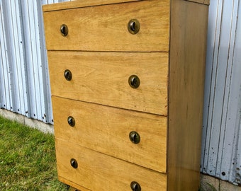 Art Deco Four Drawer Blonde Wood Dresser ~ 1950's Gentleman's Chest ~ Vintage Tall Dresser on Splayed Legs