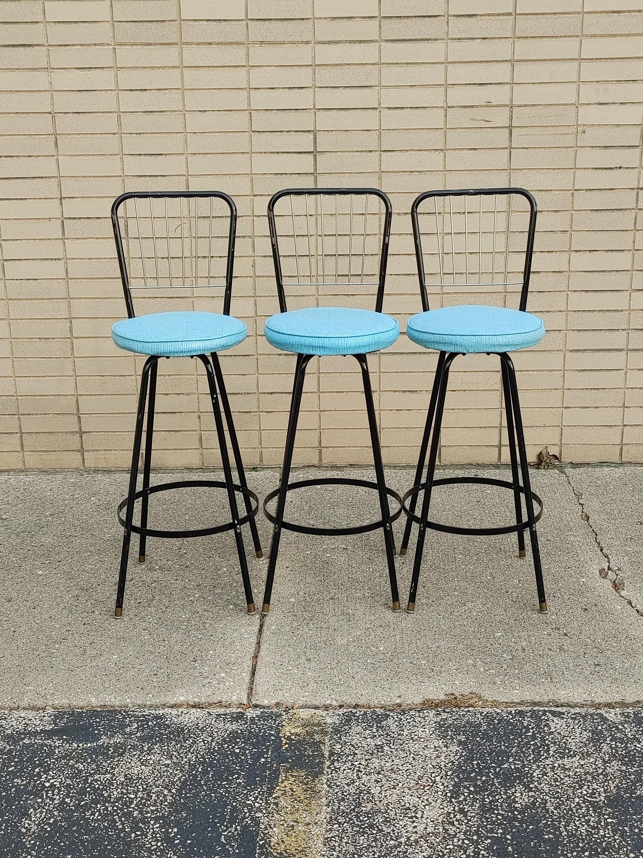 Set of 3 Atomic Swivel Barstools ~ Vintage Aqua/Black Comfort Line Chairs ~ MCM Tubular Metal Bar Seating