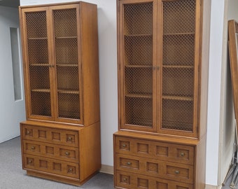 Henredon "Custom Folio Three" China Cabinet Pair ~ 1960's Two Piece Display Hutch Set ~ Linen Storage ~ Shelves ~ Drawers ~ MCM