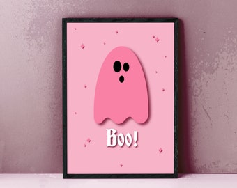 Boo Pink Ghost Halloween Print, Spooky Cute Ghost Print, Pink Goth Halloween, Gothic Decor, Pastel Ghost Wall Art.