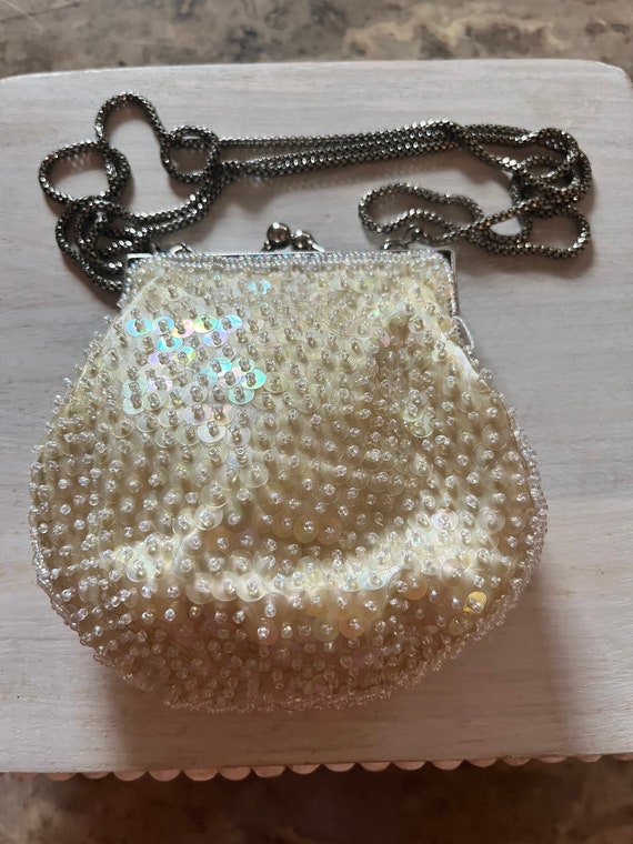 Vintage White Beaded Sequence Clutch Bag - image 1