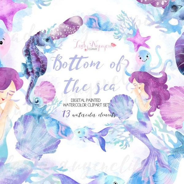 INSTANT DOWNLOAD - Bottom of The Sea Digital Painted Watercolor Clip Art for Scrapbooking, and Web Design - CL0014