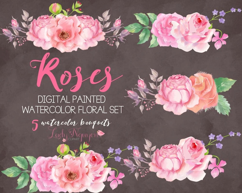 and Web Design Rose Bouquets Digital Painted Watercolor Clip Art for Scrapbooking INSTANT DOWNLOAD CL0011