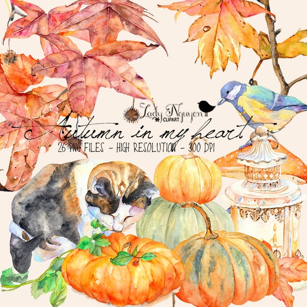 Autumn in my heart Water Color Clipart,  Autumn Clipart, Fall Clipart Illustrations Watercolor Clipart - CL049