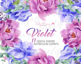 INSTANT DOWNLOAD - Violet Flower & Wreath Digital Painted Watercolor Clip Art for Scrapbooking, and Web Design - CL0018