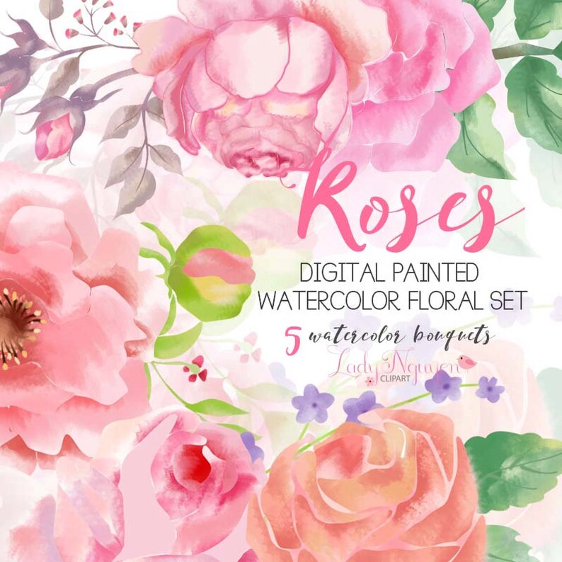 and Web Design Rose Bouquets Digital Painted Watercolor Clip Art for Scrapbooking INSTANT DOWNLOAD CL0011