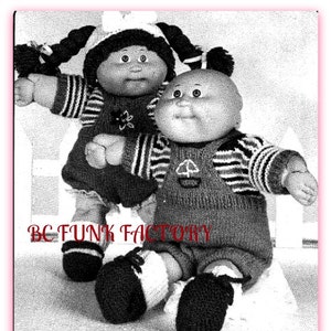 May include: Two Cabbage Patch Kids dolls wearing striped sweaters and black shoes. The doll on the left has black hair and is wearing a white hat. The doll on the right has brown hair and is wearing a white hat. The dolls are sitting on a white chair. The text "BC FUNK FACTORY" is visible in the bottom center of the image.