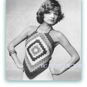 Patrón de top de crochet para mujer, top de verano con cuello halter, patrón de cuadros de abuela, patrón de crochet digital en PDF