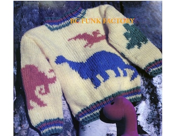 Breipatroon voor een kindertrui met dinosaurusmotief in vintage stijl (PDF) voor jongens en meisjes