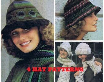 Crochet Hat Patterns Women's Vintage 1970's Cloche - Winter Hat and Scarves - Toque Four PDF Crochet Patterns