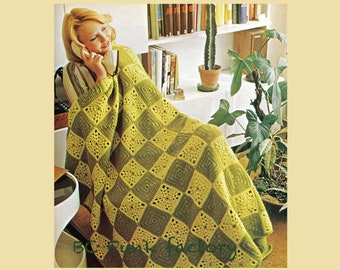 Afghan Crochet Pattern - Home Decor Crochet Granny Square Blanket Throw - 70's  PDF Crochet Pattern DIY Crochet Afghan