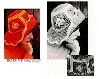 Op de afbeelding: Twee vrouwen dragen gebreide mutsen met verschillende kleurpatronen. De mutsen hebben een gegolfde rand en een vierkant ontwerp in het midden. De tekst "BC FUNK FACTORY" is zichtbaar in de afbeelding.