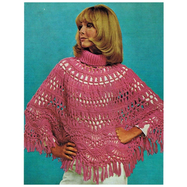 PDF Crochet Pattern Hairpin Lace Poncho Pattern Ladies Ponch With Knit Turtle Neck Collar Crochet Pattern Instant Download