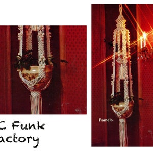 May include: A white macrame plant hanger with a brown pot and green plant hanging from it. The hanger is in front of a red wall. The text "BC Funk Factory" is written below the image.