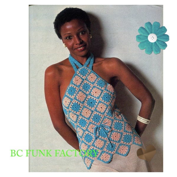 Crochet Pattern Women Halter Top Vintage 1980's Granny Square Summer Halter Top Crochet Pattern PDF