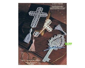 Marcapáginas de ganchillo con hilo, cruz de encaje, clave del conocimiento. Patrón de ganchillo para Primera Comunión, Novia, Profesores. Patrón de ganchillo vintage en PDF.