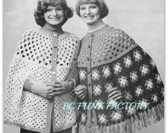 Mormors fyrkantiga kappa - Poncho damkappa virkmönster Retro damkappa PDF-mönster direkt nedladdning