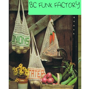 May include: Three crocheted string bags with the words "ONIONS", "CARROTS", and "TATERS" on them. The bags are hanging on a wooden door with a well pump in the background.
