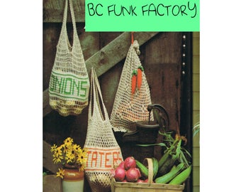 Haakpatroon voor een boodschappentas uit de jaren 70, een nettas voor aardappelen, uien en wortelen. Vintage haakpatroon in PDF-formaat, printbaar.