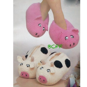 Slipper Crochet Pattern Vintage Cow Slippers - Pig Slippers - PDF Crochet Pattern