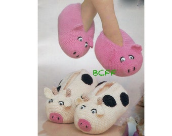 Slipper Crochet Pattern Vintage Cow Slippers - Pig Slippers - PDF Crochet Pattern