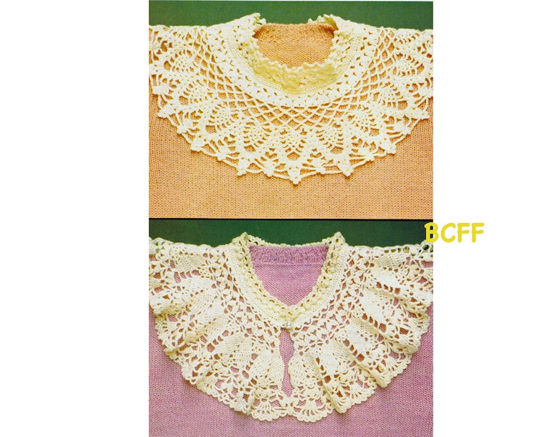 May include: Two crocheted collars, one on a peach sweater and one on a pink sweater. Both collars are white and feature a delicate, lacy design.