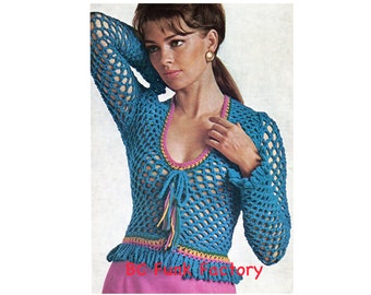 May include: A turquoise crochet top with a fringed hem and a tie at the neckline. The top has a colorful trim around the neckline and hem.