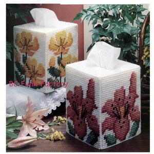Plastic Canvas Tissue Box Cover patterns - Vintage Flower Lilies - 7 Mesh Pattern - PDF Plastic Canvas Pattern - Printable Download