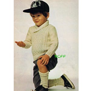 Knitting Pattern Boys Aran Knit Pullover Knitting  Shawl Collar Vintage Knitting Pattern PDF