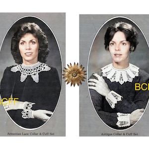 May include: Two women wearing white lace collars and cuffs. The woman on the left is wearing a black dress and the woman on the right is wearing a gray dress. The text "Armenian Lace Collar & Cuff Set" is below the woman on the left and the text "Antique Collar & Cuff Set" is below the woman on the right.