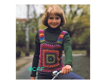 Granny Square Crochet Pattern Vintage 1970's Girls Vest - Waistcoat Top PDF Crochet Pattern Girls DIY Crochet Pattern