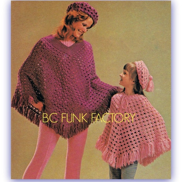 Poncho au crochet motif femmes et enfants tailles chapeau motif BOHO des années 1970 PDF au crochet motif téléchargement immédiat