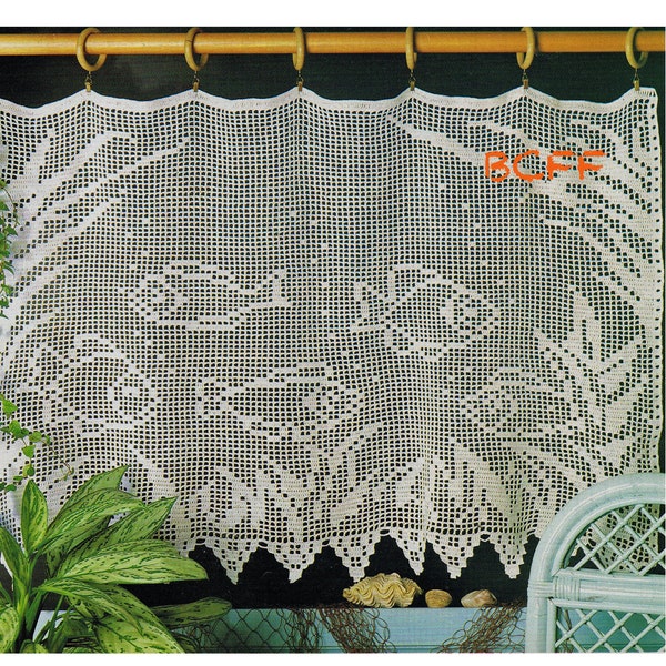 PDF Filet Crochet Pattern to make a Fish Tank Lace Edged Valance Mesh Net Cafe Curtain Shabby Chic Country Cottage Digital Crochet Pattern