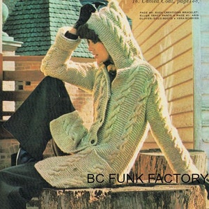 Sweater Knitting Pattern Vintage Women's 1970's Aran Hooded Cable Sweater Coat PDF Knitting Pattern Instant Download