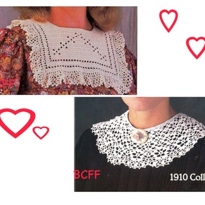 Może przedstawiać: Dwa białe koronkowe kołnierzyki, jeden z geometrycznym wzorem, a drugi z koronkowym wzorem. Kołnierzyki są pokazane na modelach w różnych strojach. Tekst "1910 Collar" jest widoczny w prawym dolnym rogu obrazu.