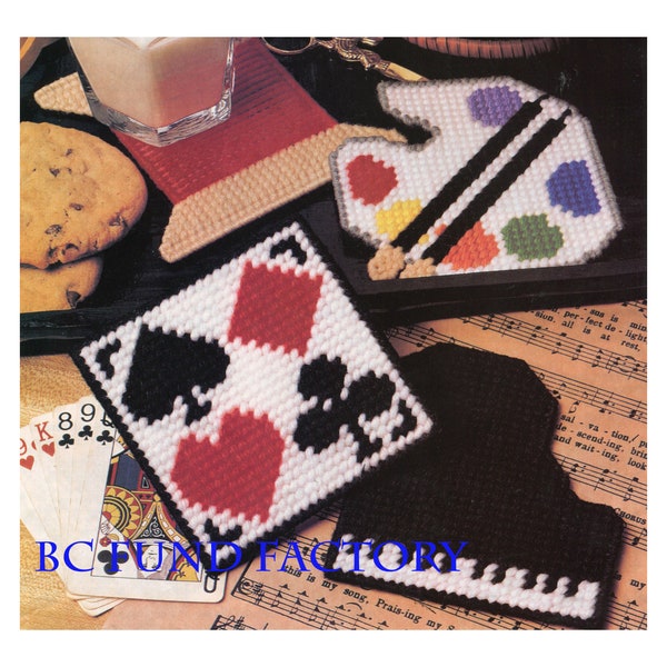 Plastic Canvas Pattern Coasters Artist Palette - Piano - Sewing Thread - Bridge - Vintage  Plastic Canvas Pattern PDF