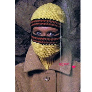 Gehäkelte Vintage Ski Maske mit Ripsband - Balaclava Helm - Vintage 1970 Winter Kopf und Gesichtsschutz PDF Häkelanleitung Sofort Download