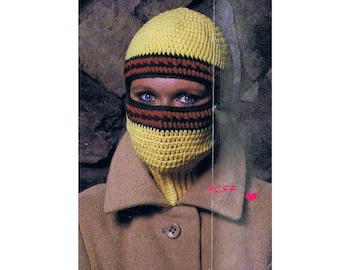 Crocheted Ribbed Neck Ski Mask - Balaclava Helmet -  Vintage 1970's Winter Head and Face Protection PDF Crochet Pattern Instant Download