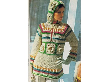 Vintage Crochet Top Pattern - Women's Hooded Pullover Sweater Crochet Pattern 1970's Granny Squares  PDF Crochet Pattern