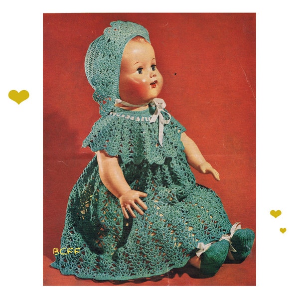 1950's Doll Clothes Crochet Pattern - Dress - Hat - Shoes for 22" Doll & 15" Doll Digital PDF Crochet Pattern