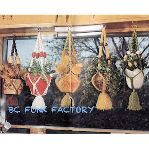 May include: Four macrame plant hangers with different colored pots and plants hanging from a window. The hangers are made with white, brown, and green yarn. The pots are red, brown, white, and orange. The plants are green and brown. The text "BC FUNK FACTORY" is visible at the bottom of the image.