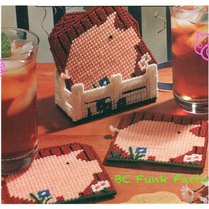 Plastic Canvas Pattern Pig Coasters - Country Pig Home Decor - DIY Plastic Canvas Pattern - Vintage PDF Plastic Canvas Pattern