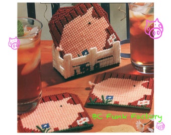 Plastic Canvas Pattern Pig Coasters - Country Pig Home Decor - DIY Plastic Canvas Pattern - Vintage PDF Plastic Canvas Pattern