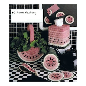 Plastic Canvas Pattern Watermelon Kitchen Accessories Pattern - Tissue Box - Coasters - Magnets - Basket Vintage PDF Plastic Canvas Pattern